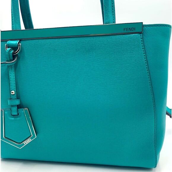 Auth Fendi 2Jours Petit 2way Turquoise Lagoon Saffiano Leather Tote Bag Preloved - Picture 10 of 16